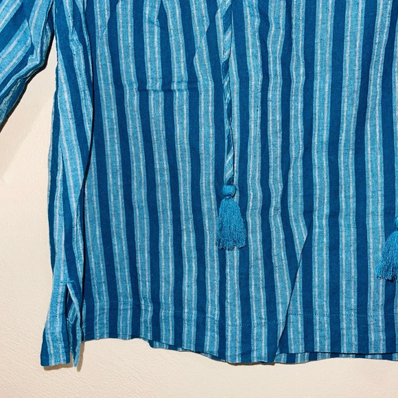 LOFT Beach Teal & Blue Striped Split Neck Popover Top Medium Women’s - Picture 6 of 11